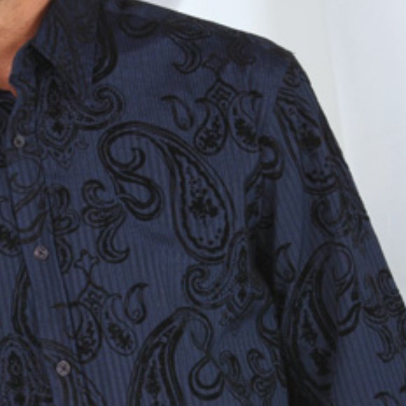 Navy Dress Shirt with Flocked Paisley Pattern - Picture 2 of 3